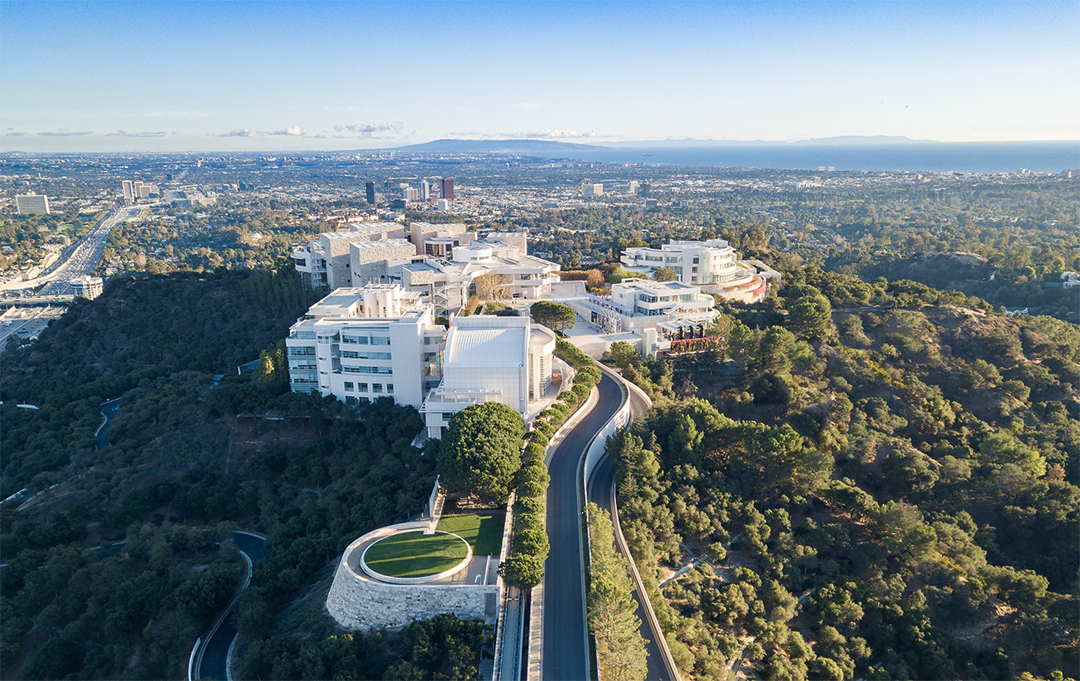 Aerial view of the Getty Center looking toward the Pacific Ocean
