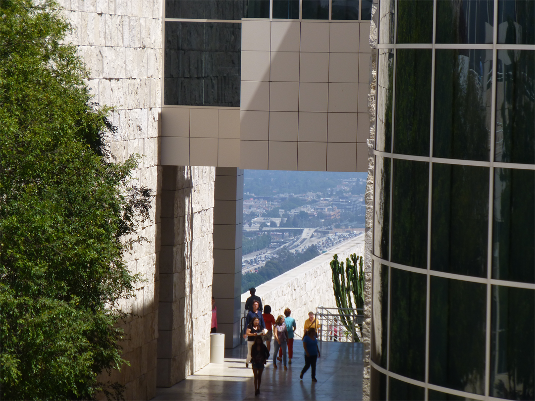 the city is seen through a gateway at the getty center